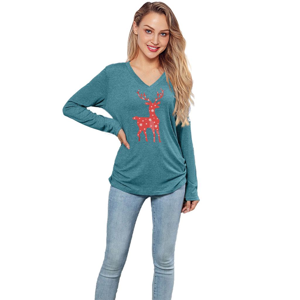 HNXC Solid-color Christmas Snowflake Spotted Deer Print Casual Long-sleeved T-shirt for Women
