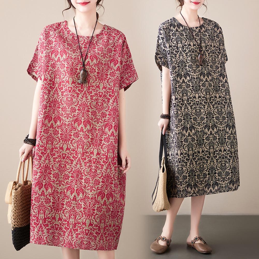 

Summer Retro Loose Women s Mid Length Dress One size