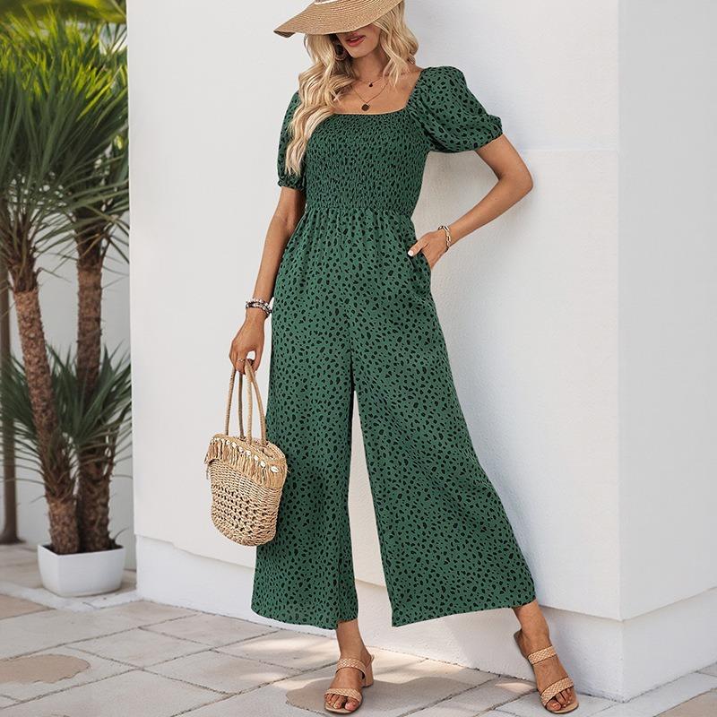 VEZFAA Women's Fashion Casual Summer Spring Short Sleeve Square Collar High Waist Trousers Jumpsuits & Rompers