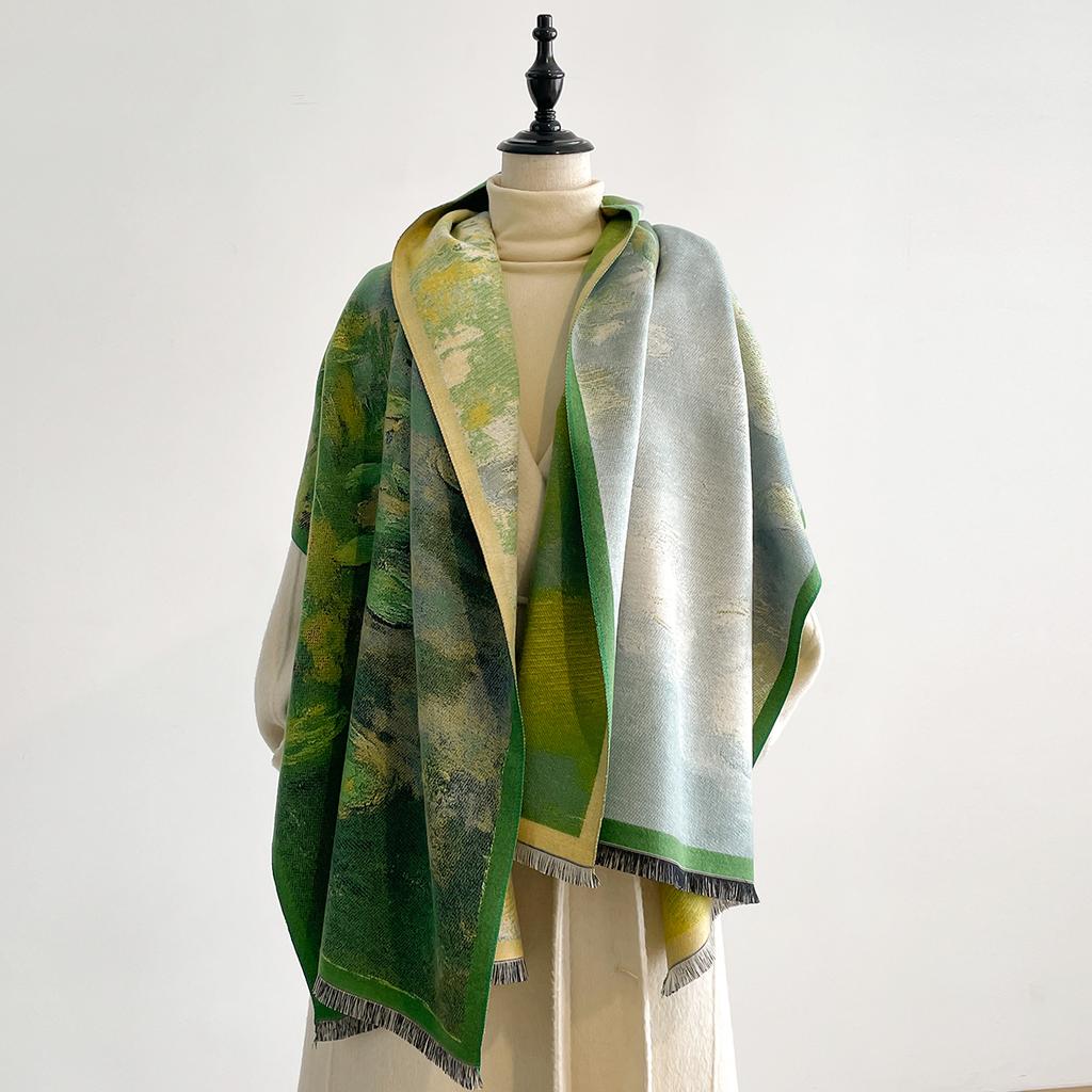 NEW Luxury Winter Cashmere Oil Painting Magnolia Design Scarf Women Warm Pashmina Blanket Poncho Scarves Female Elegance Shawl