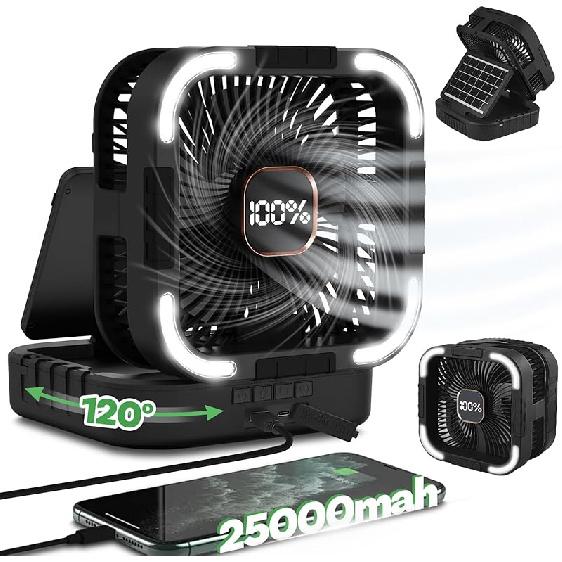 22000mAh Camping Solar Fan, Dual-Panel Rechargeable Solar Powered Fan with LED Light, 5 Adjustable Speeds Battery Powered Portable Fans, USB-C Fans 22000mah Dual Solar Panel