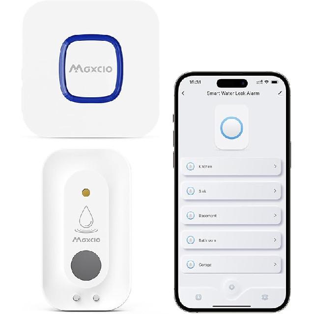 MAXCIO Wi-Fi Water Leak Detector 4 Pack, Smart Water Sensor with 110dB Adjustable Alarm, APP, SMS, Phone Notifications, 1640ft Transmission Range, 1 sensor + Gateway