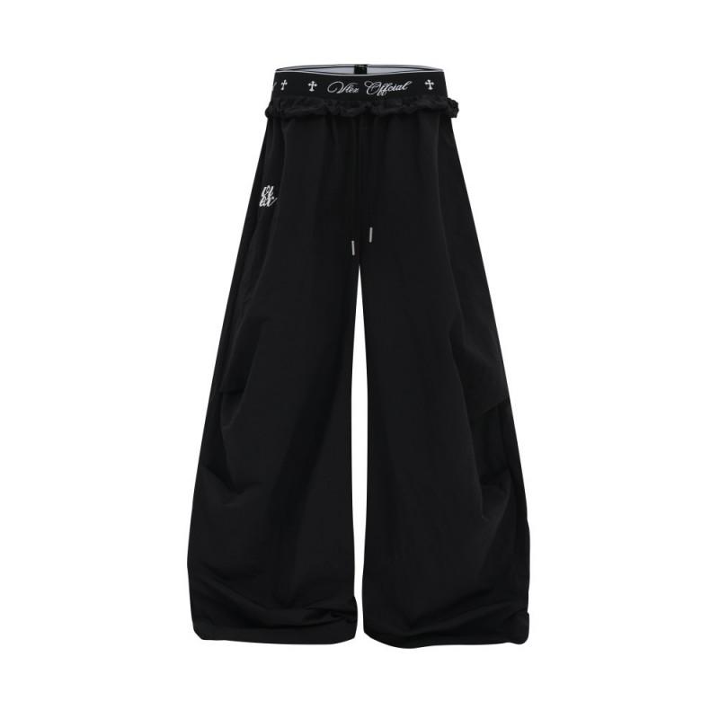 American Street Style Quick Dry Parachute Pants Embroidered Waist Relaxed Wide Leg Casual Trousers Teens