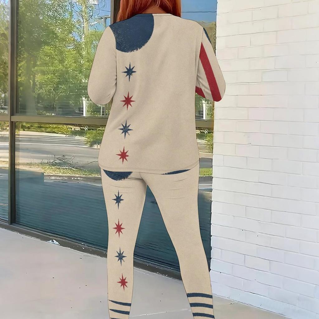 Women Plus Size Round Neck Long Sleeve Printed Top And Fitted Pants Two Piece Set