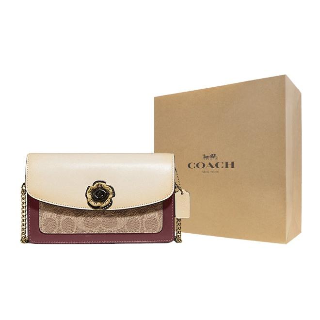 Coach Parker 18 Camellia Turnlock Color Block Signature Print Coated Canvas And Leather Chain Shoulder Bag Women Shoulder Bag 1680-B4QVB