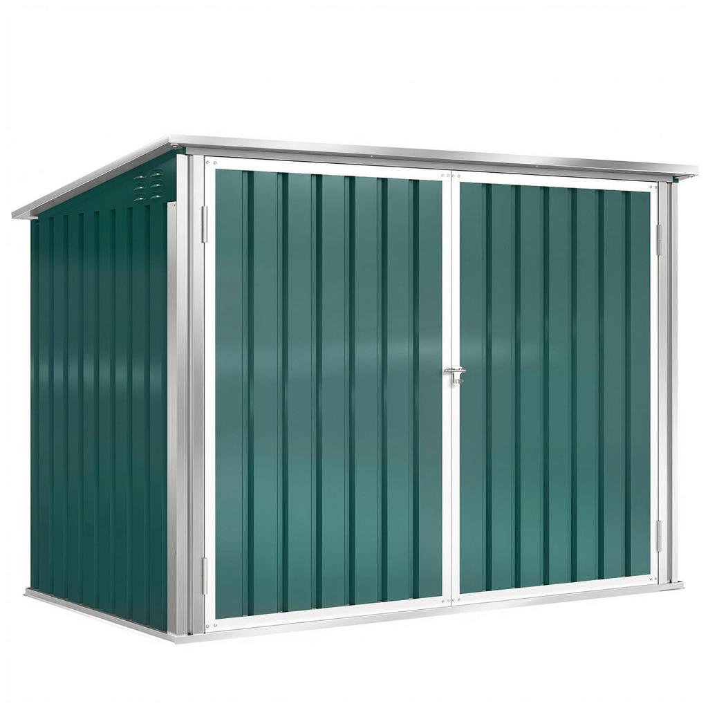 Galvanized Steel Bin Enclosure, 2 Bins, Double Door, Pneumatic Lid, 180 x 108 x 130 cm, Green