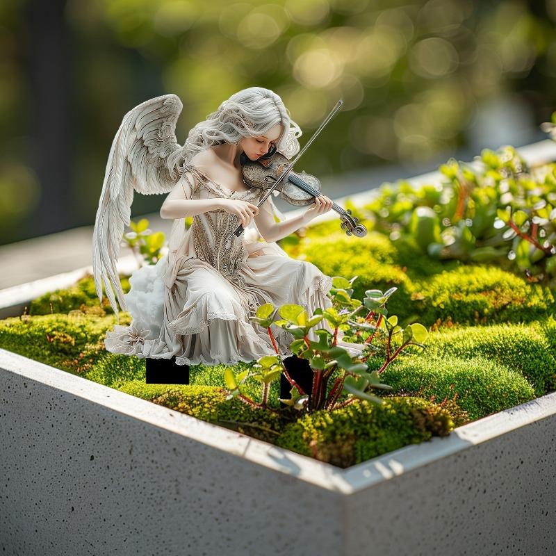 White Angel Playing Violin Acrylic Garden Pile Flower Pot Lawn Farm Decorative Placement