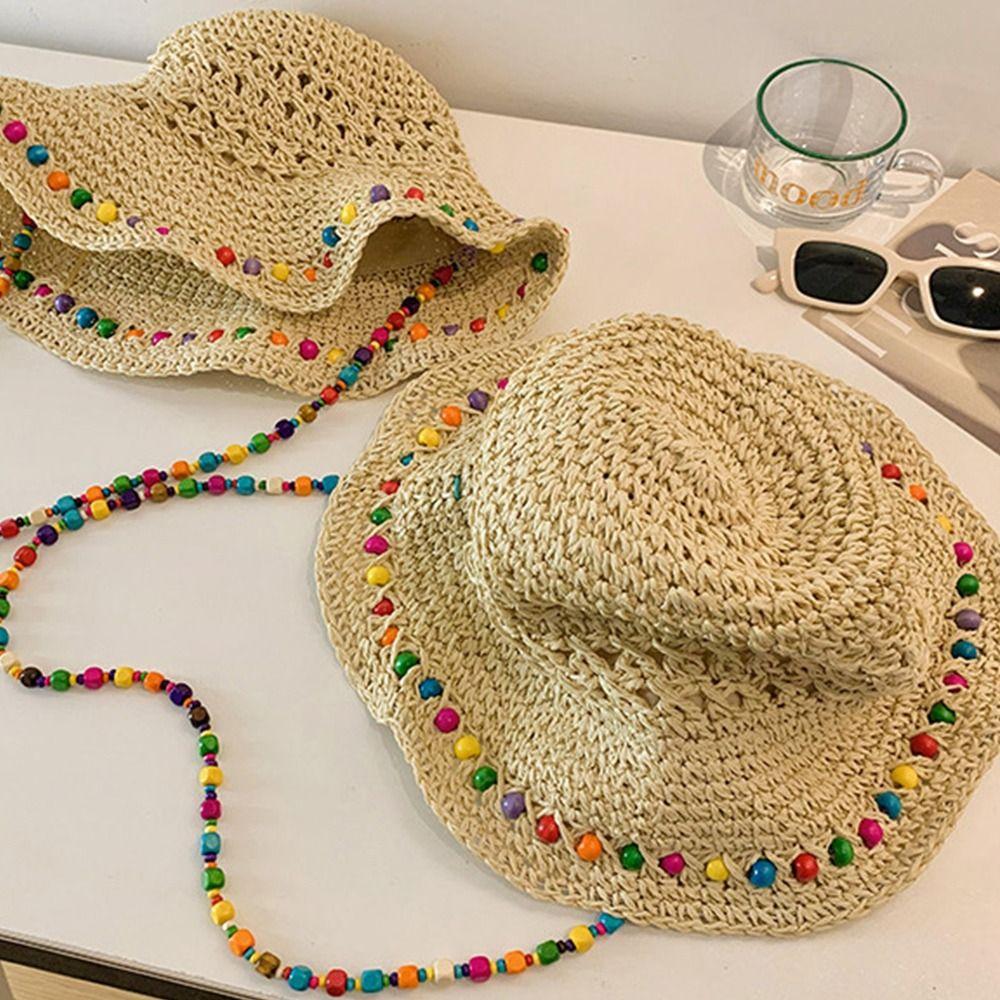 Foldable Straw Hat Color Wood Beads Sunshade Hat New Sun Cap