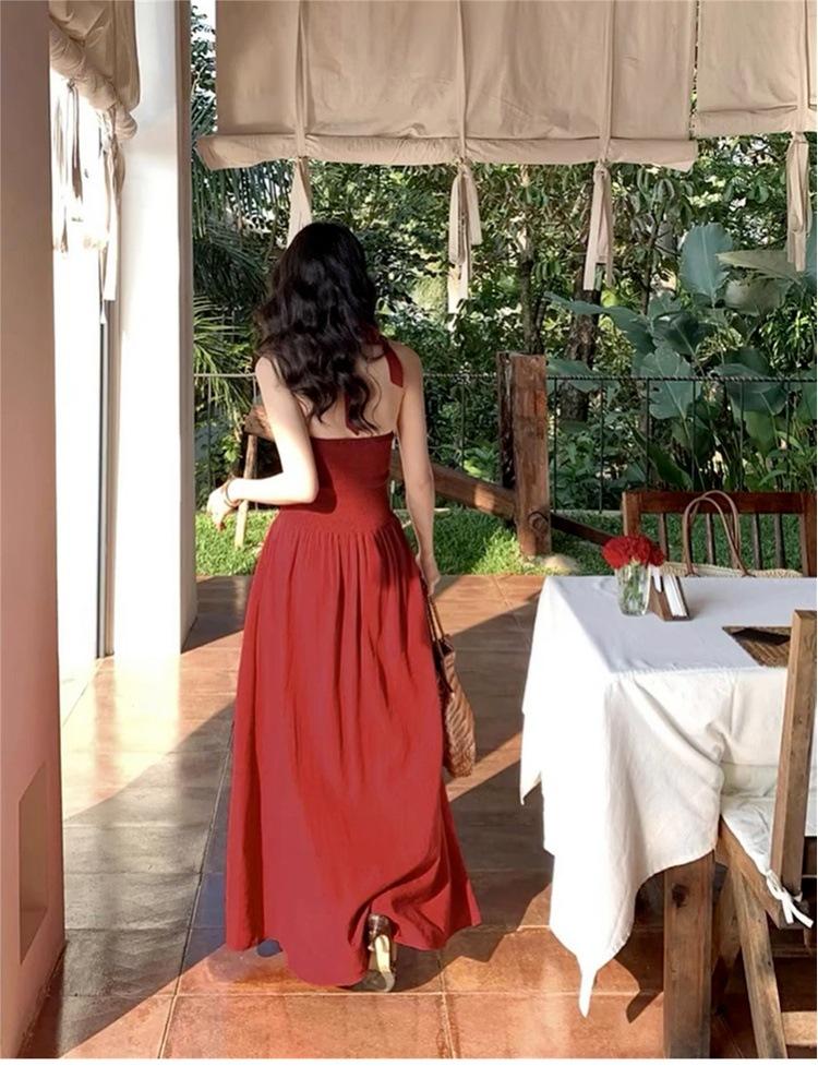 [Summer Muse] Red Hong Kong Style Retro Neck Backless Dress Summer French Sleeveless Long Dress