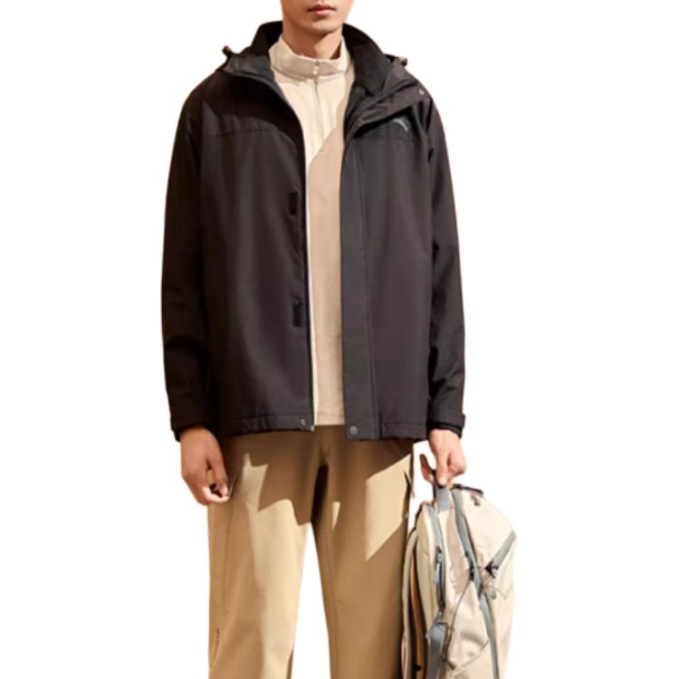 Anta Three-In-One Two-Piece Detachable Hooded Solid Color Zipper Warm Waterproof Jacket Men Outerwear Black 152447629-5
