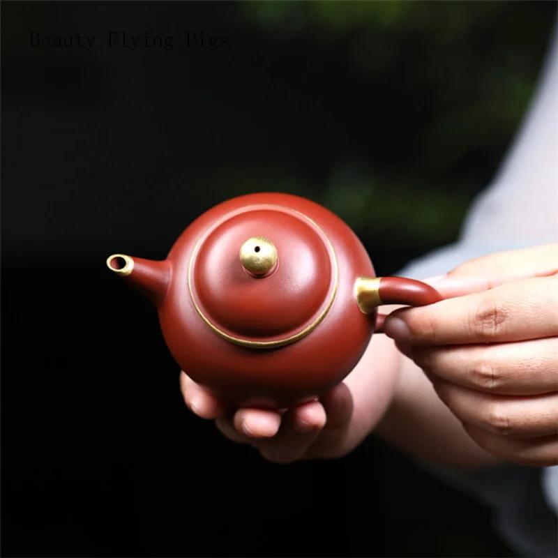 Chinese Handmade Gold Painted Purple Pottery Raw Ore Tea Pot, Household Dahongpao Tea Ceremony Tea Set Kung Fu
