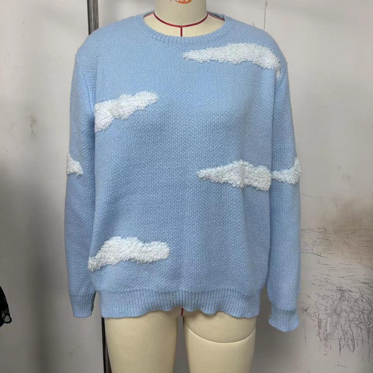 

BITCED модный женский осенне-зимний свободный жаккардовый свитер с длинными рукавами и круглым вырезом, трикотаж для женщин XL небесно-голубой