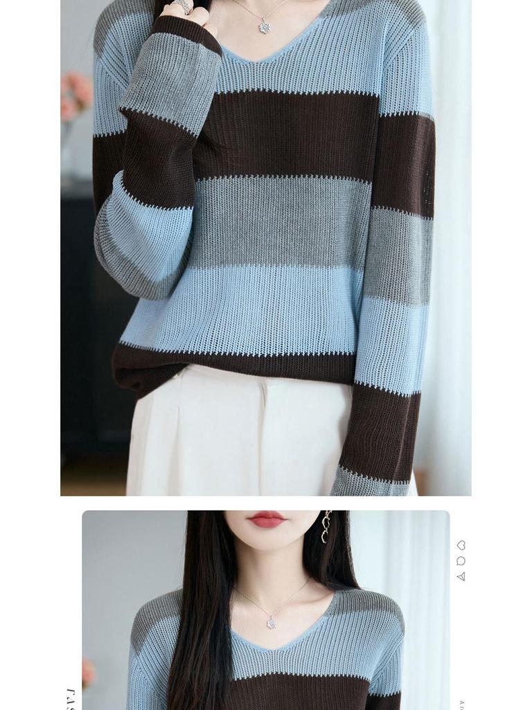 Women's Autumn V-Neck Color Block Striped Sweater - Soft, Loose, and Versatile