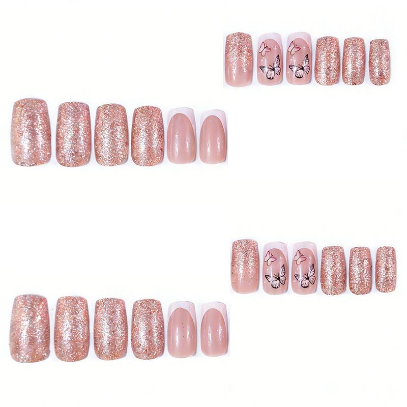 Medium rectangular glossy European and American 24 pieces of manicure, high-grade simple and elegant French butterfly glitter, wearing nail pads