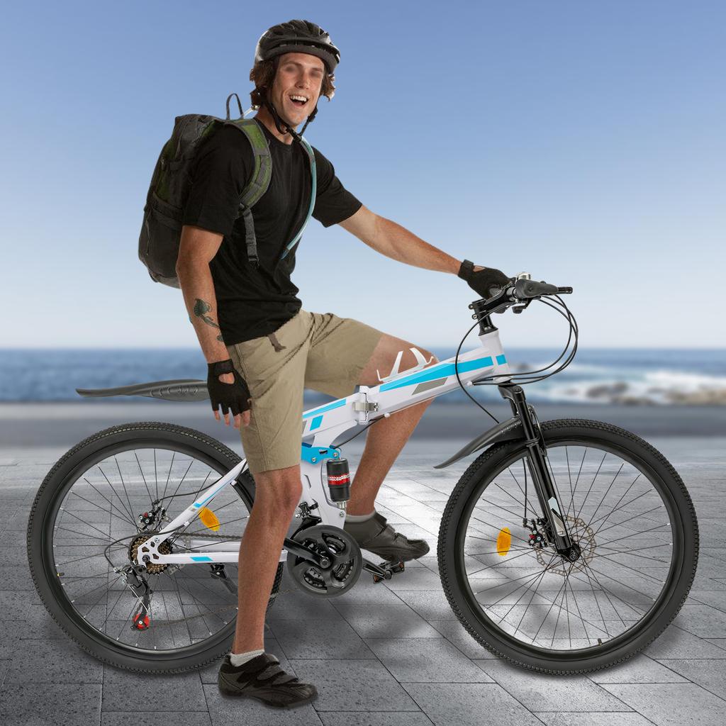 21 Speed Foldable Mountain Bike for Adults, 26 Inch Full Suspension Dual Disc Brake Bicycle, High-Carbon Steel Fram