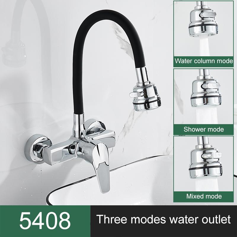ELLEN Wall Mount Kitchen Sink Faucet Hot Cold Sink Water Mixer Tap 2 Holes Black Faucets 360 Degree Swivel ELK5400