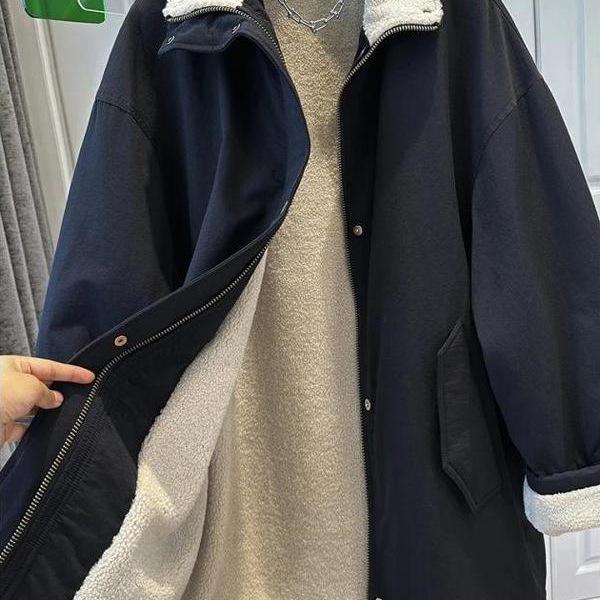 Korean High Collar Women's Winter Work Jacket, Plus Velvet, Cotton Padded, Loose Fit, Slimming, Mid-Length