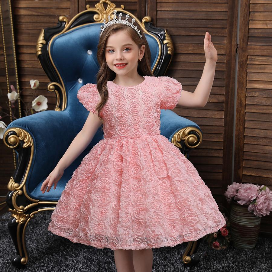 Robe de bal pour fille Robe de princesse Robe à volants avec broderie de roses 3D pour enfants pour cérémonie, anniversaire et demoiselles d'honneur