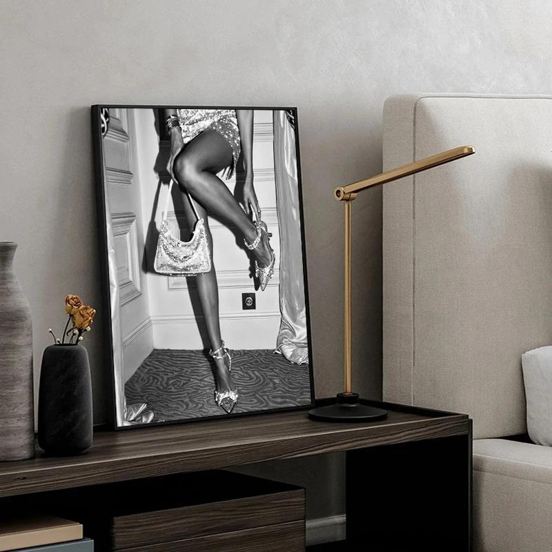 Modern Luxury Fashion Black White Art Heels Champagne Feminist Retro Poster Canvas Paintings Wall Art Pictures Home Decor