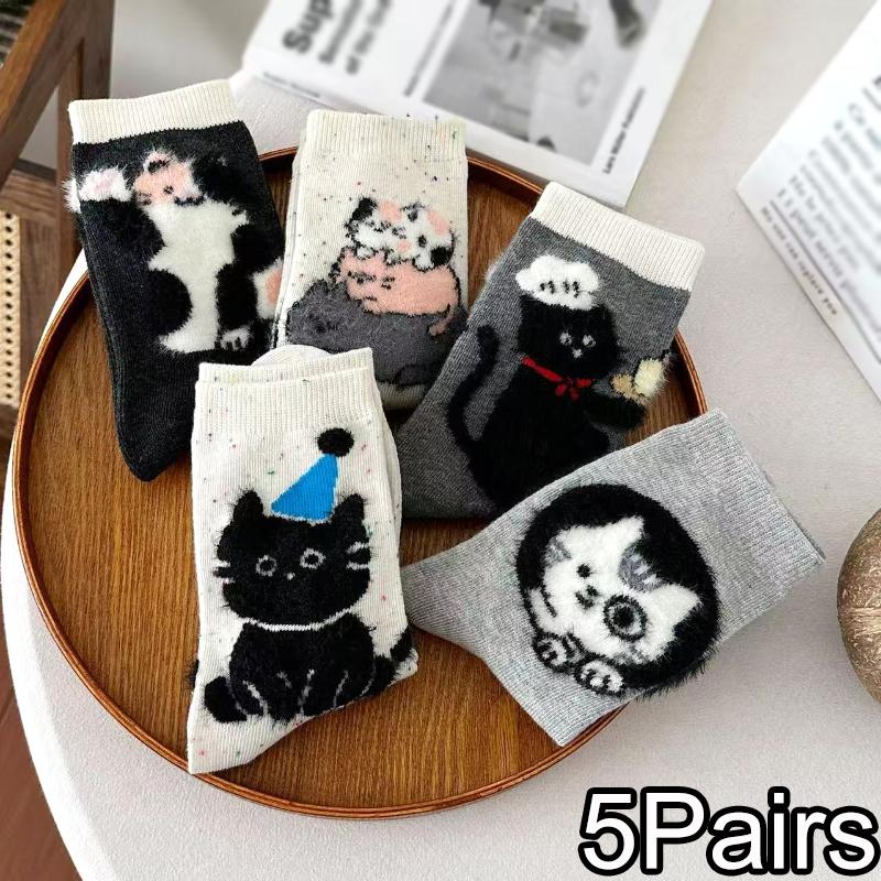 

1/5 пар Аксессуары для одежды Универсальные Носки до середины икры с принтом кошки Подарок Дышащие носки Удобные Один размер Милые Разноцветные 5PCS