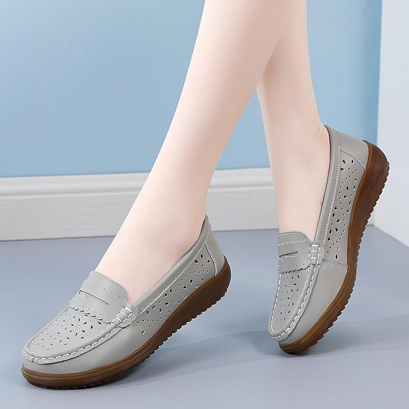 Cow tendon sole soft-soled shoes single shoes medium leather shoes summer hollow hole shoes