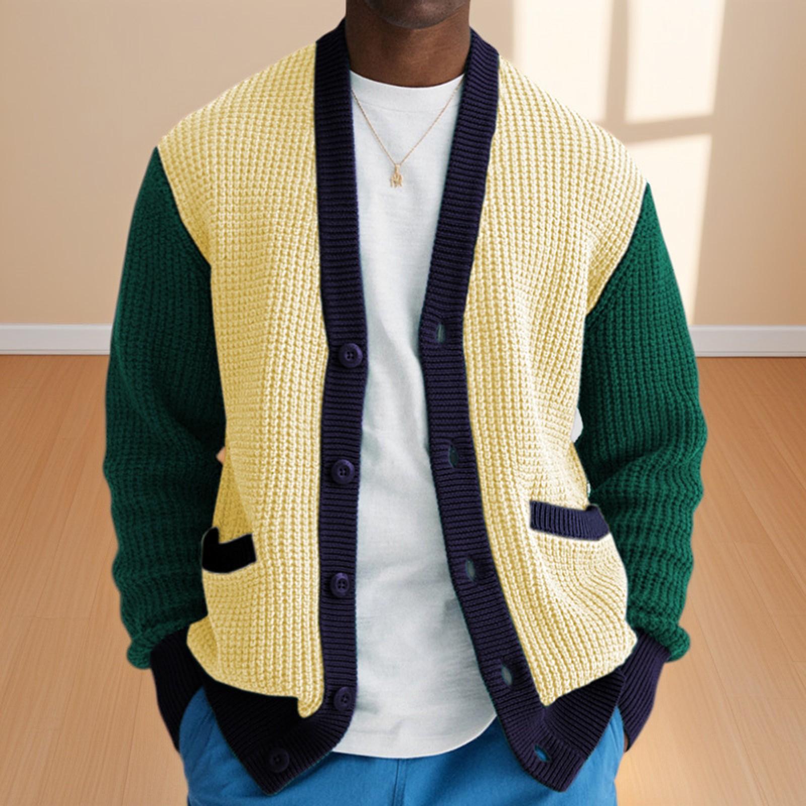 

Мужской повседневный вязаный кардиган, цветной блок, свитер-пальто с V-образным вырезом L жёлтый