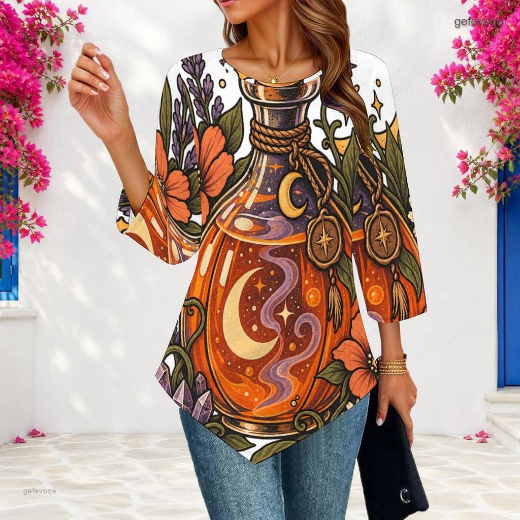 Ladies Plus Size Loose Three Quarter Sleeve Blouse Pointed Hem Breathable Casual Office Daily Top