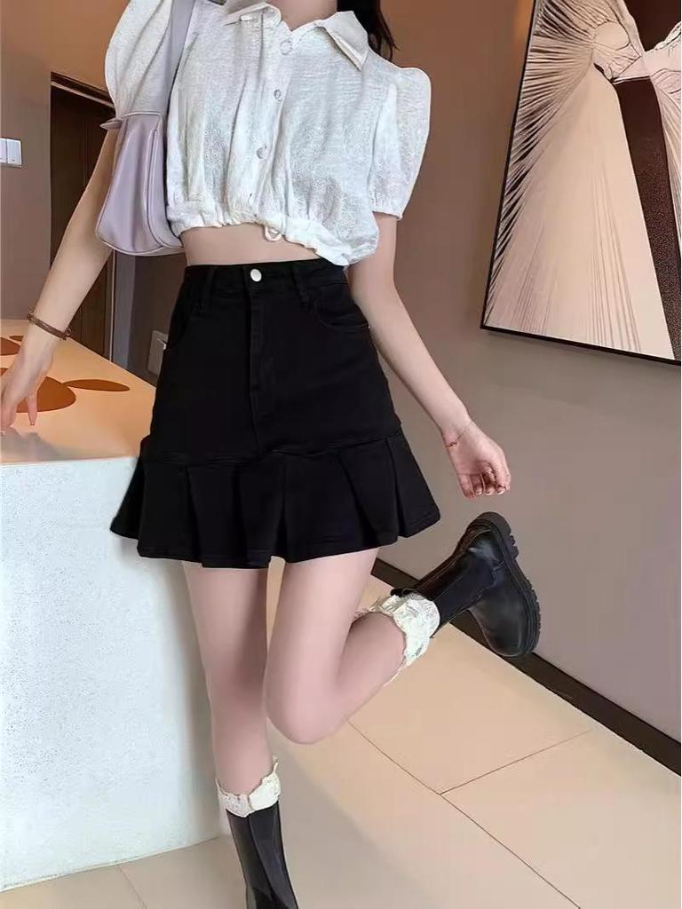 2024 New Petite High-Waist Gray A-Line Pleated Skirt for Women