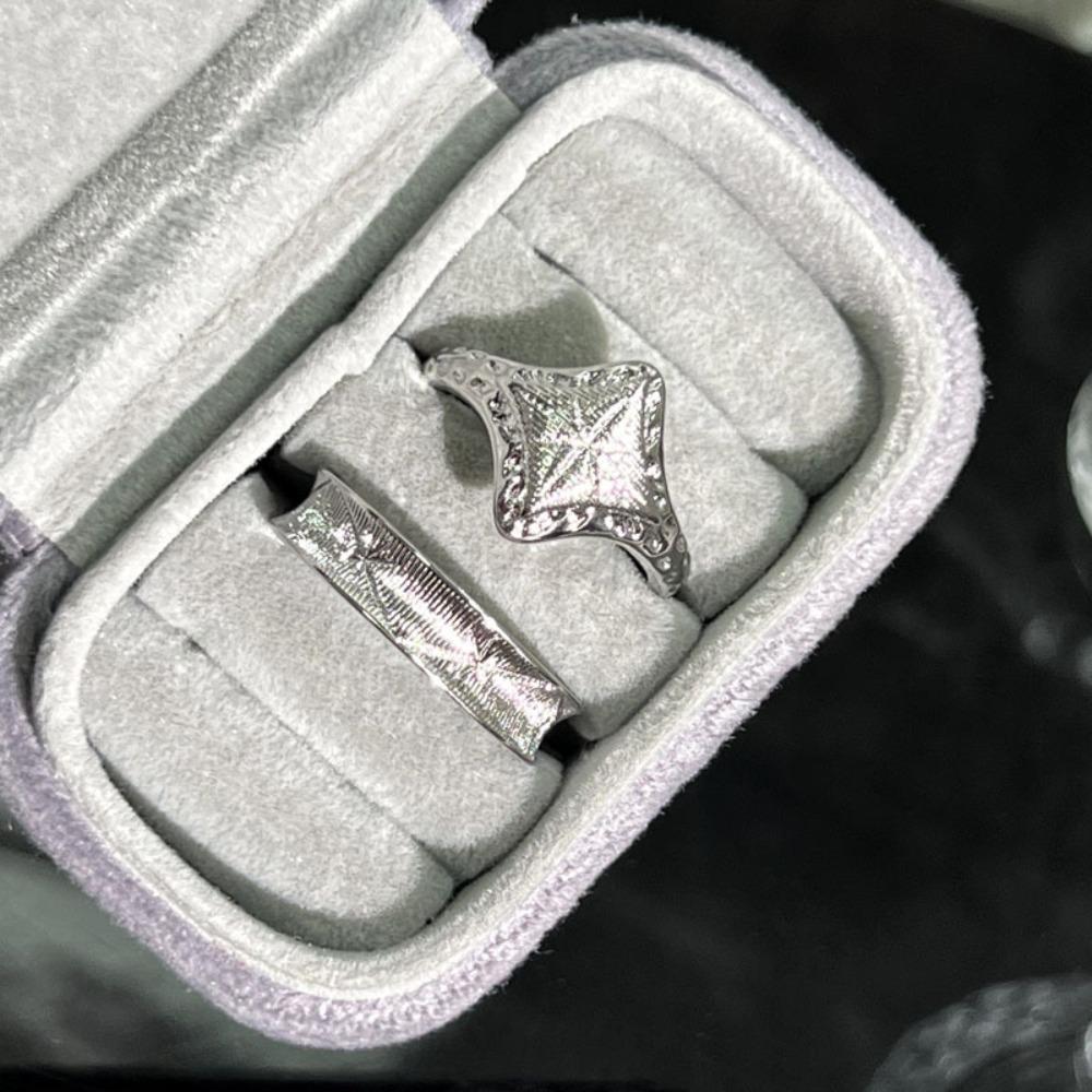 Exquisite Personality Silver Color Brushed Rhombus Starlight Awn Star Opening Couple Ring for Men Women Trendy Designer Jewelry