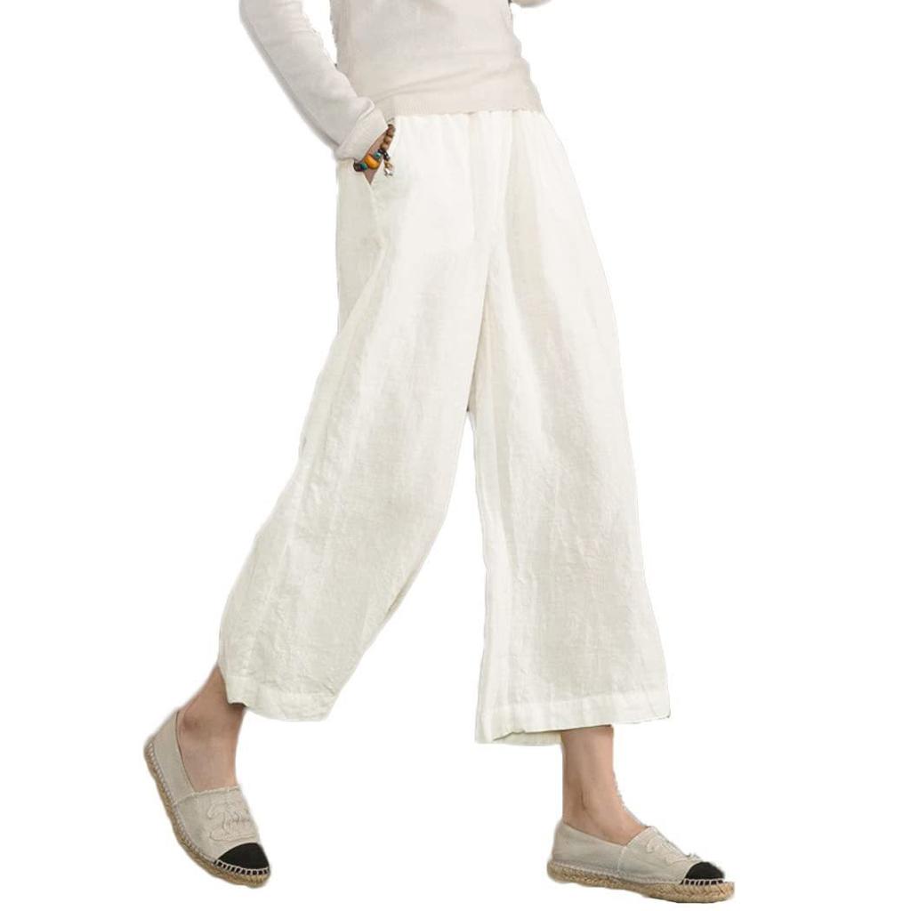 2026 New Women's Linen Cotton Wide Leg Pants, Elastic Waist Cropped Culottes for Spring Summer Casual Wear