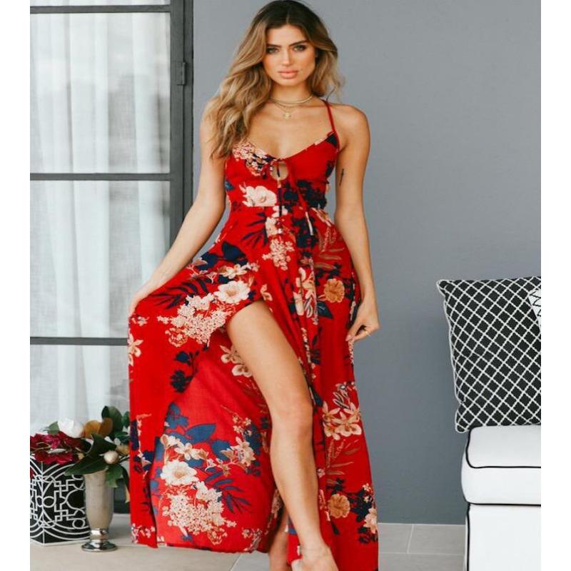 Women's Summer Printed Big Swing Fork Slimming Halter Long Dresses
