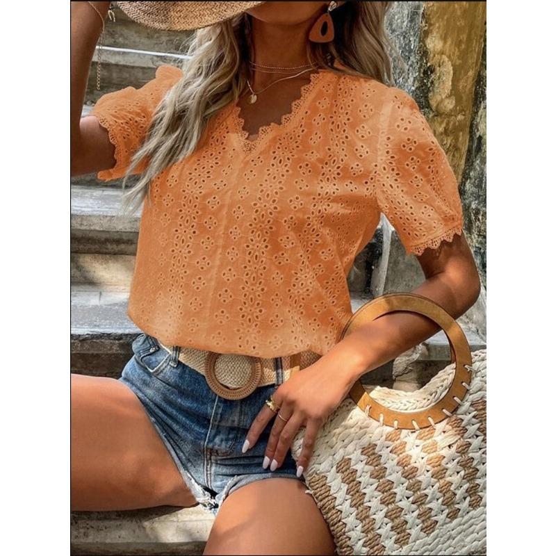 

Летние однотонные женские блузки и рубашки с коротким рукавом и ажурной отделкой XXXL оранжевый