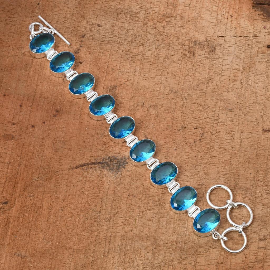 Blue Topaz Gemstone : 925 Sterling Silver Handmade Multi Gemstone Bracelet Jewelry