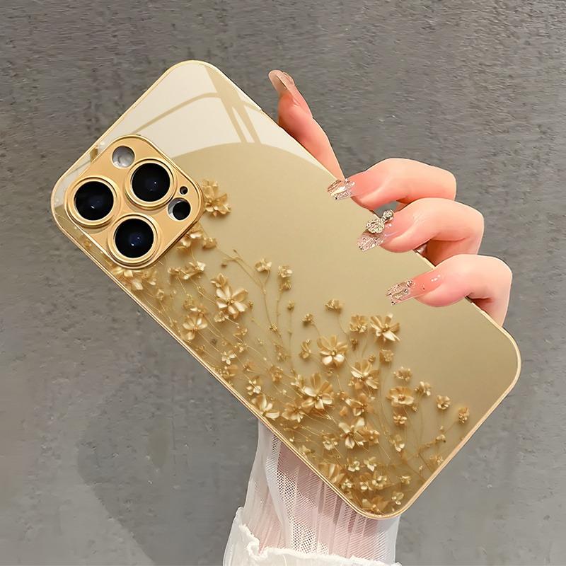 Elegante Fiore Dorato Vernice Metallica Oro Custodia in Vetro per Telefono Per iPhone 17 16 15 14 13 12 11 Pro Max 15 14 Plus 17 Air 16E Copertura