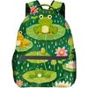 Cute Frog Backpack,Lotus Flowers Lily Pad Polyester Backpacks,Lightweight Double Shoulder Back Pack For Kids Teens,Fun Green Boo