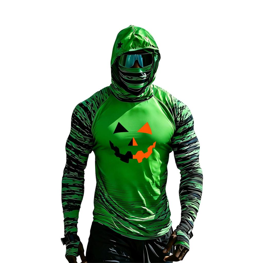 Men's Long Sleeve Hooded Sun Top with Color Block Raglan Sleeves Halloween Print