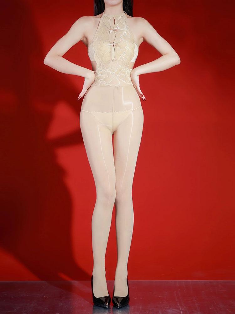 Sexy Neckholder Damen Jumpsuit Spitze Ausgeschnitten Durchsichtig Bodysuit Öl Glänzend Glatt Strumpfhose Frau Nachtclub Reiz Reizwäsche