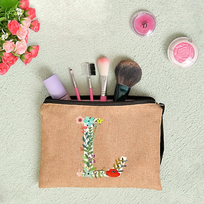 26 Letters Floral Women Cosmetics Woman Zipper Pouch Fashion Women Linen Cosmetic Bags Travel Portable Makeup Bag Cosmetic Bag