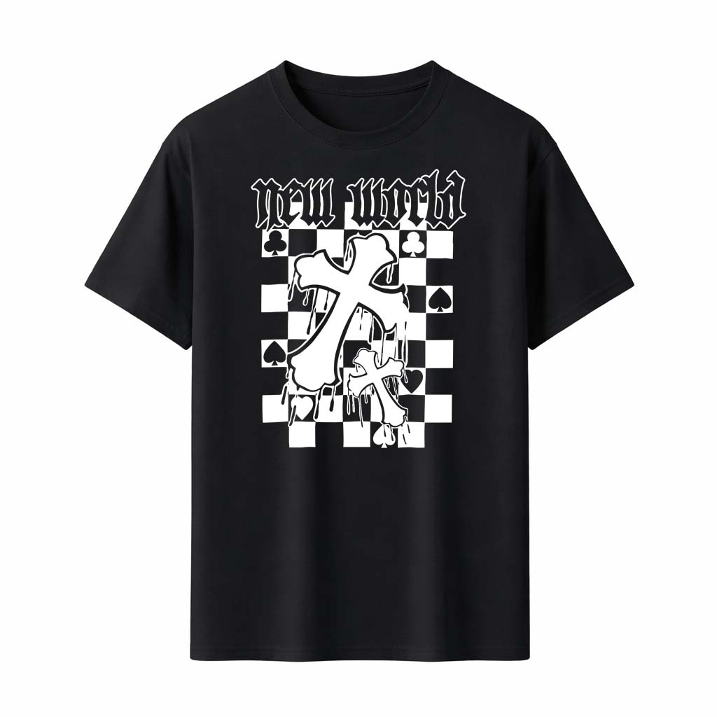 New World Cross T-Shirt Checkered Playing Card Suits Gothic Graphic Tee Streetwear Edgy Men Women Fashion Summer Top - Men s ... S разноцветный