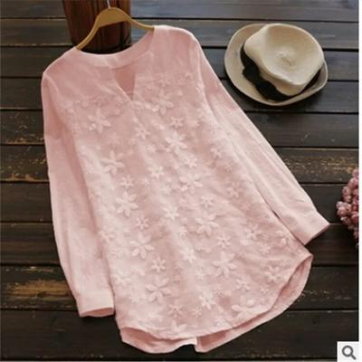 Summer Autumn Blouse Women Lace Long Sleeve Tops V Neck Embroidery Loose Plus Size Elegant Shirt Blusas Female