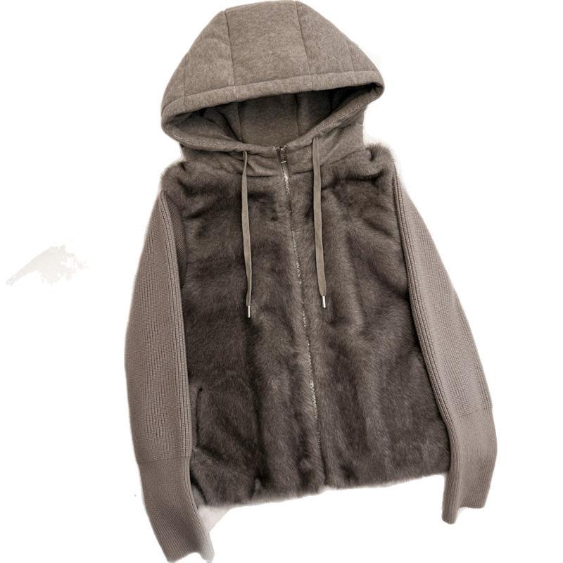 High-end fake two-piece knitted splicing sleeves fluffy hooded short jacket women's small warm cotton clothes trendy