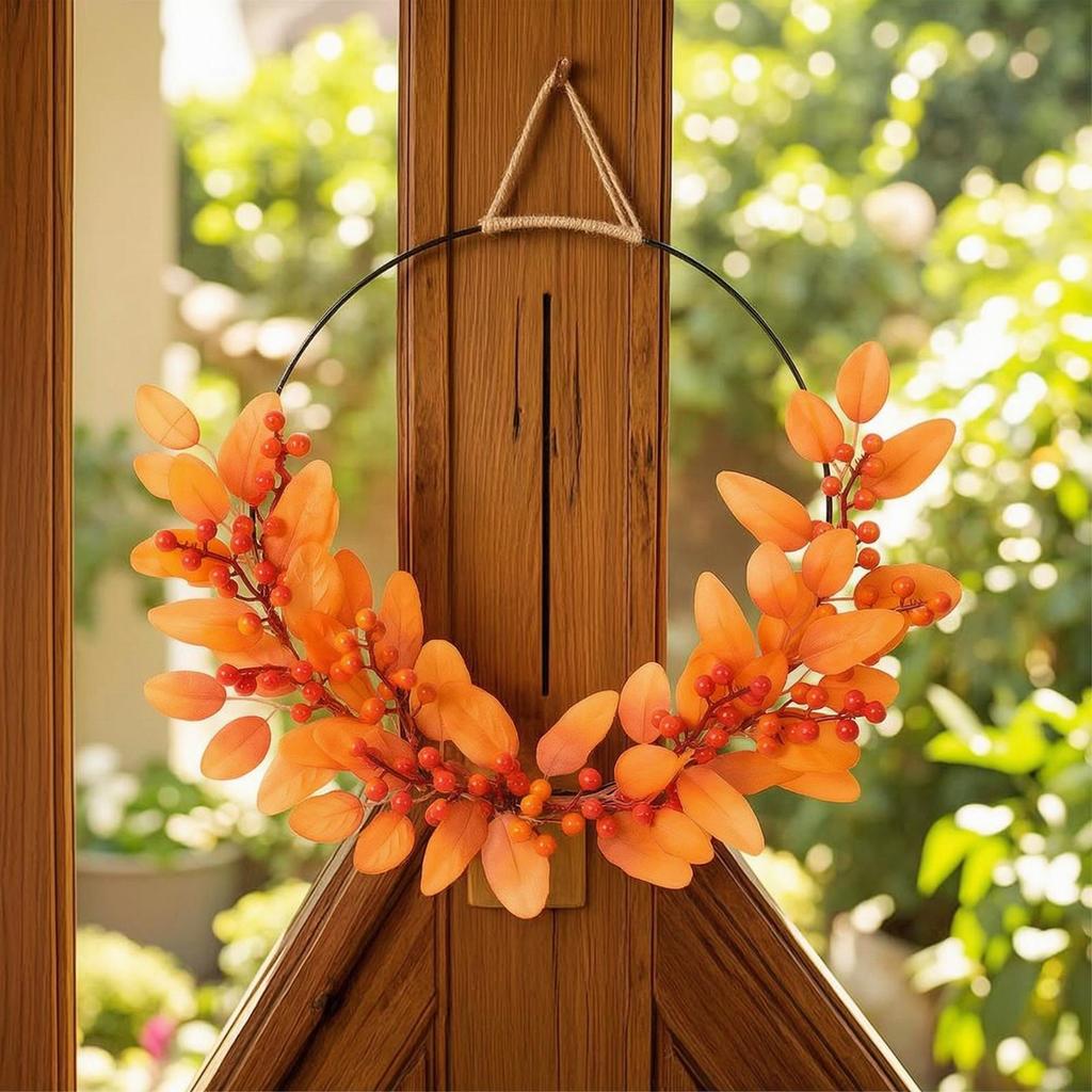 HalfWreath Artificial Wreath with Metal Hoop Seasonal Decor for Door, Thanksgiving, Entryway