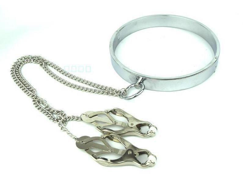 Metal Traction Collar with Nipple Clamps for BDSM Slave Training