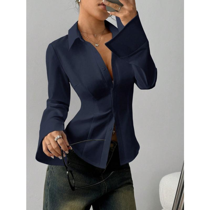 Camicia Casual da Pendolare da Donna, Vestibilità Aderente, Bottoni, Maniche Lunghe Svasate