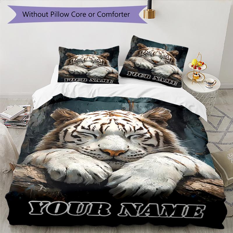 3PC Custom Name "White Tiger Dreams" Bedding Set Duvet Cover Closure Includes 1 Duvet Cover & 2 Pillowcases for Bedroom