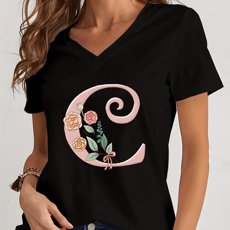 Cartoon Alphabet Flower Graphic Tee Womens Clothing Pink Flower Alphabet Gift Tshirt FeUnisex Vintage 26 Initials Flower Tshirt