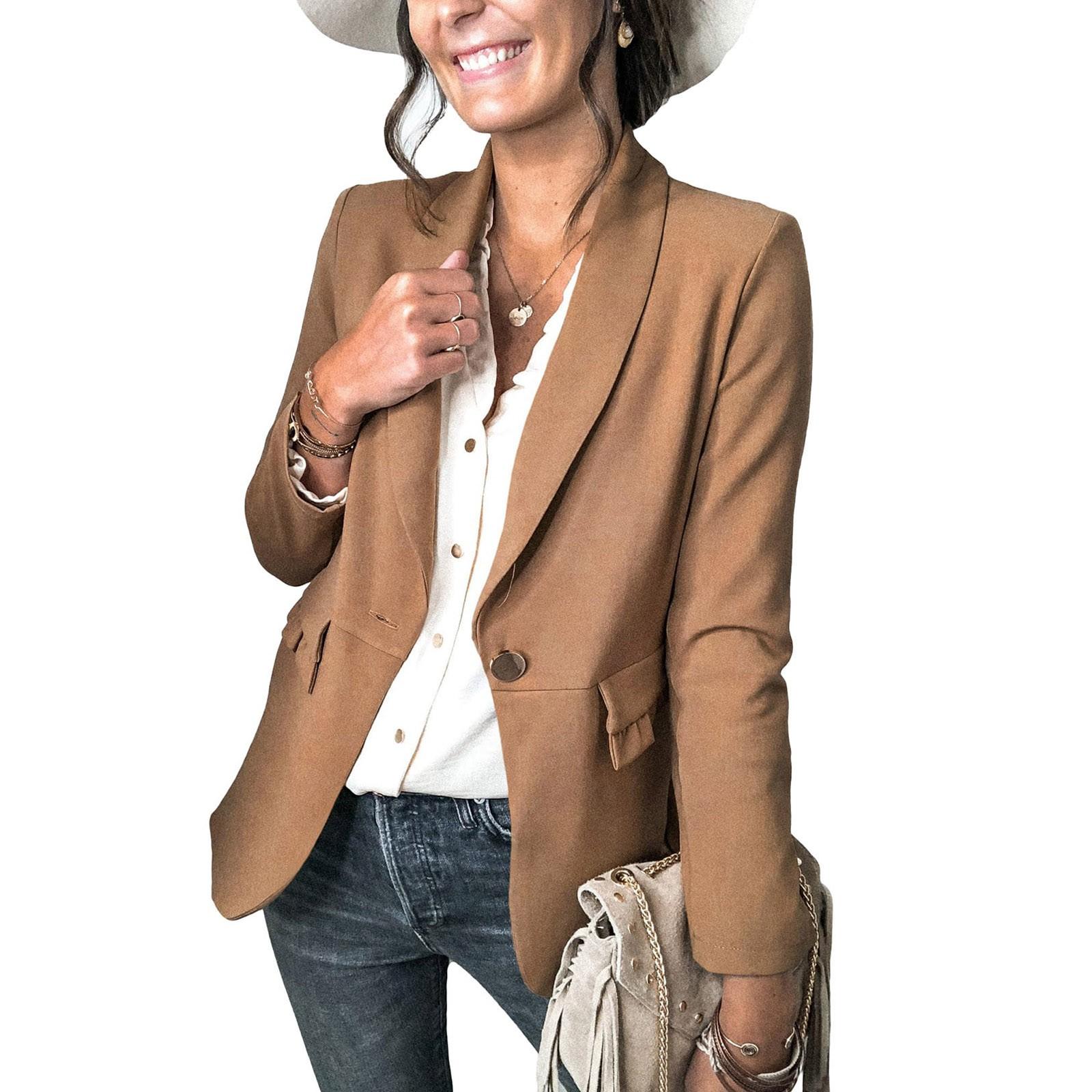 

Women s Fashion Casual Solid Color Lapel Long Sleeve Slim Fit Button Small Jacket M коричневий