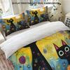 Whimsical Black Cat Art Duvet Cover Set, Colorful Floral & Sun Print Bedding, 2D Flat Printed