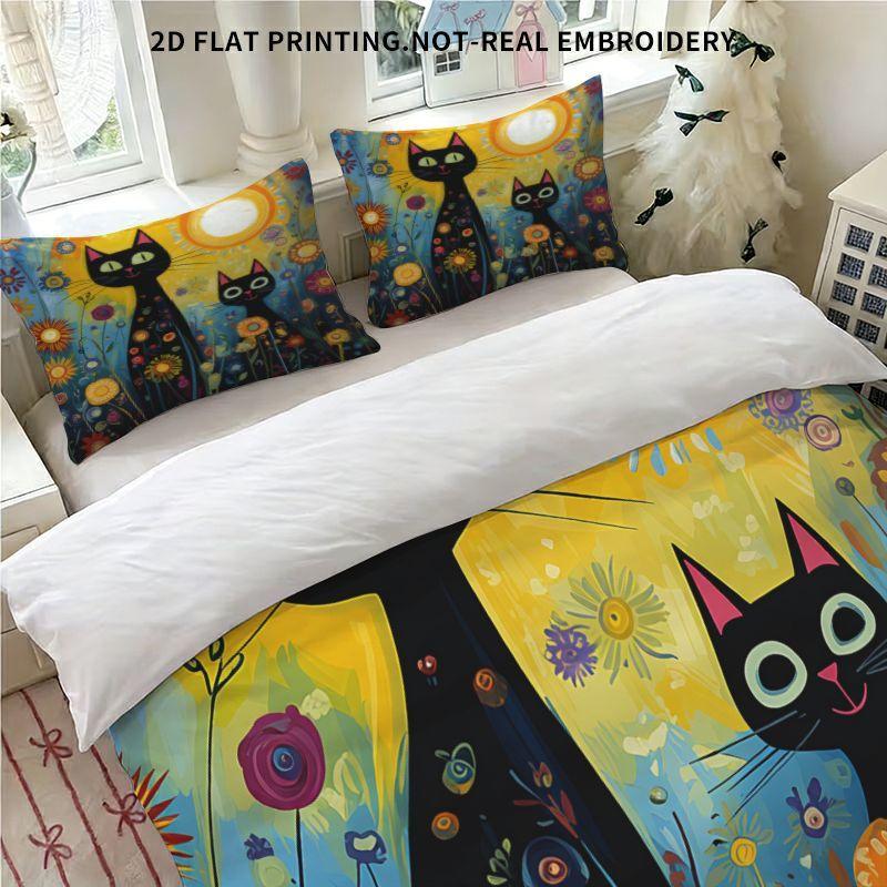 Whimsical Black Cat Art Duvet Cover Set, Colorful Floral & Sun Print Bedding, 2D Flat Printed