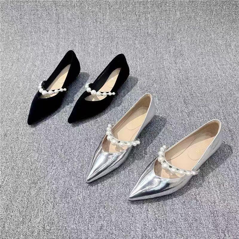 Fashion wedge heel European pointed pearl one-word belt women's shoes light mouth single shoes versatile flat heel lazy shoes 2025 spring
